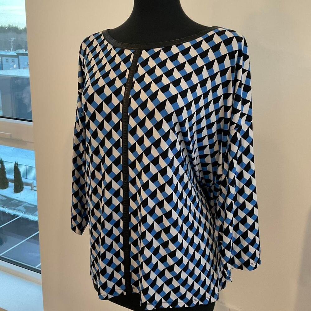 Worthington Blue and Black Geometric Blouse, 3/4 Sleeves, Leather Details Sz 2X